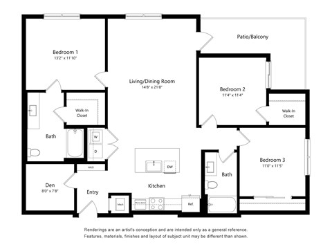 A black and white floor plan of a home with three bedrooms, a living/dining room, kitchen, bath, and den.